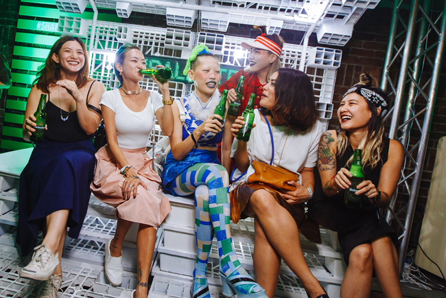 Heineken Shape Your City KL - From left to right- Sarah Chan, Joyce Wong, Sun Khiew, Bee Yin, Claudia Low, Miranda Yeoh enjoying their Heineken in the PixelPallet at the Shape Your City pop-up bar - Photo by All Is Amazing